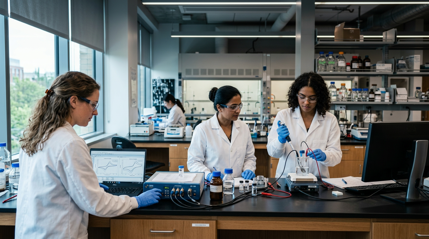 Three researchers in a lab running electrochemical soil analysis, reviewing sensor readings on a laptop while taking a reading from a sample
